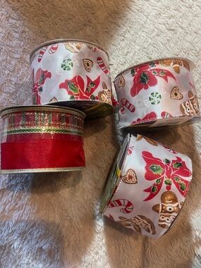 Holiday Time Green and Purple Wired Fabric Ribbon Rolls with Holiday Print